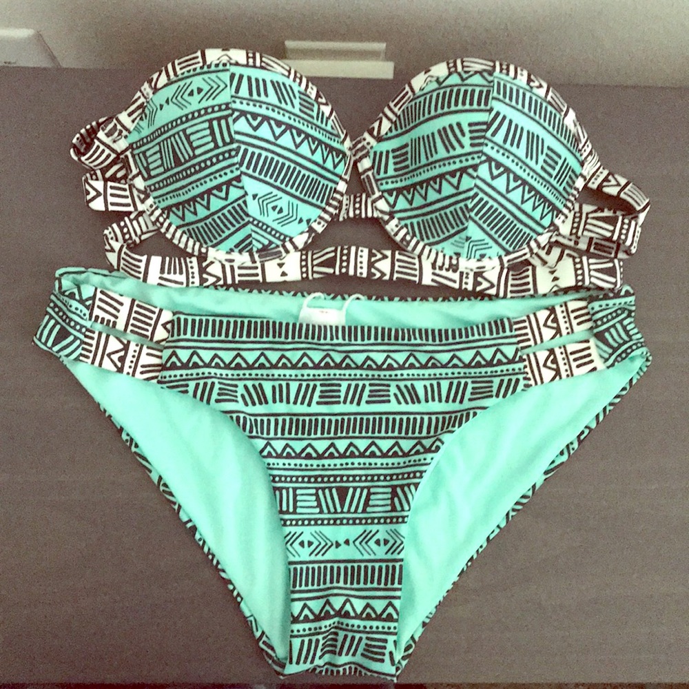 Teal Green Turquoise White Black Tribal Bikini M